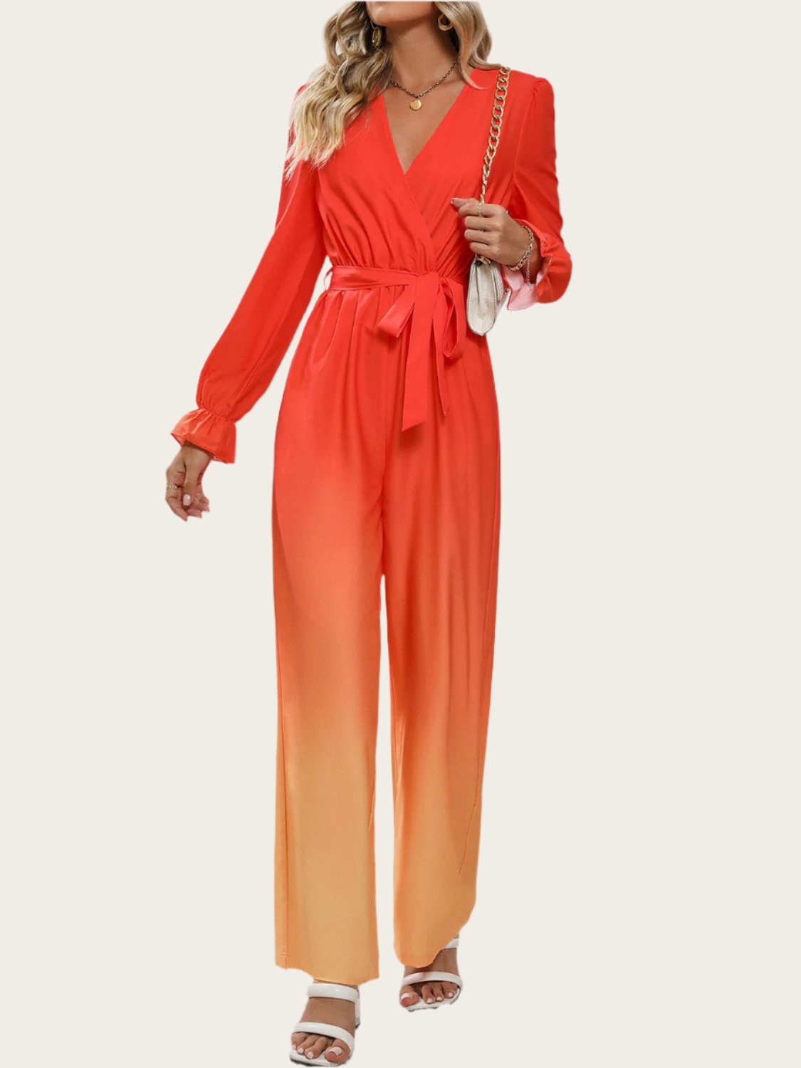 Gradient Tie Front Flounce Sleeve Jumpsuit