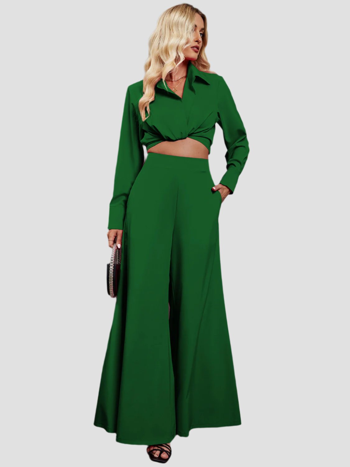 Collared Ensemble with Wide Leg Pants