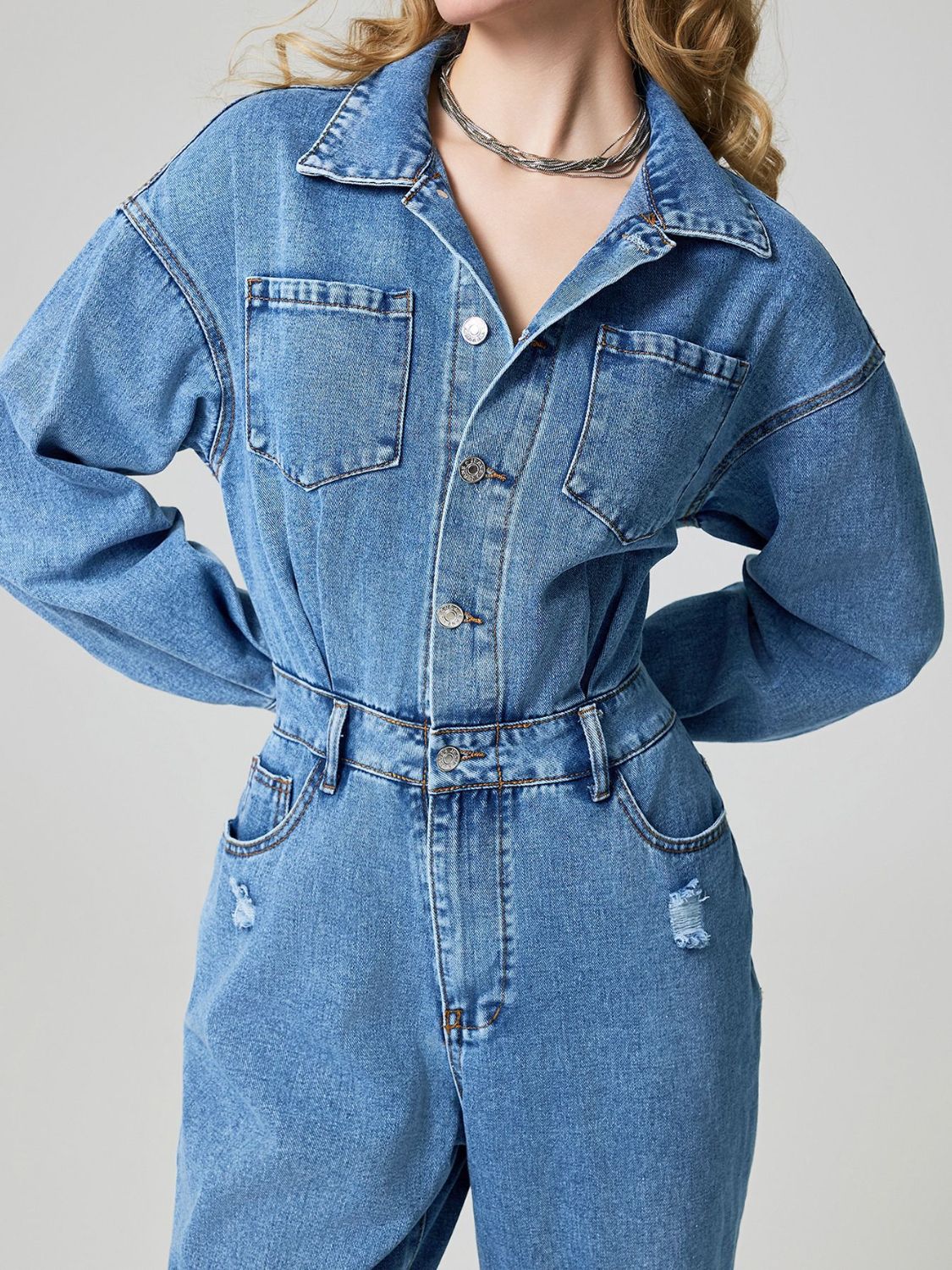 Distressed Button Down Drop Shoulder Denim Jumpsuit