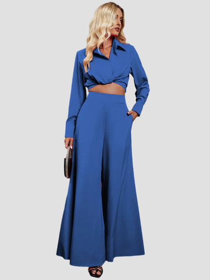 Collared Ensemble with Wide Leg Pants