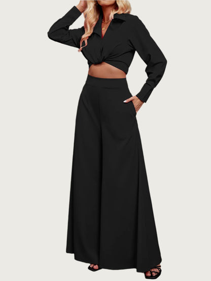 Collared Ensemble with Wide Leg Pants