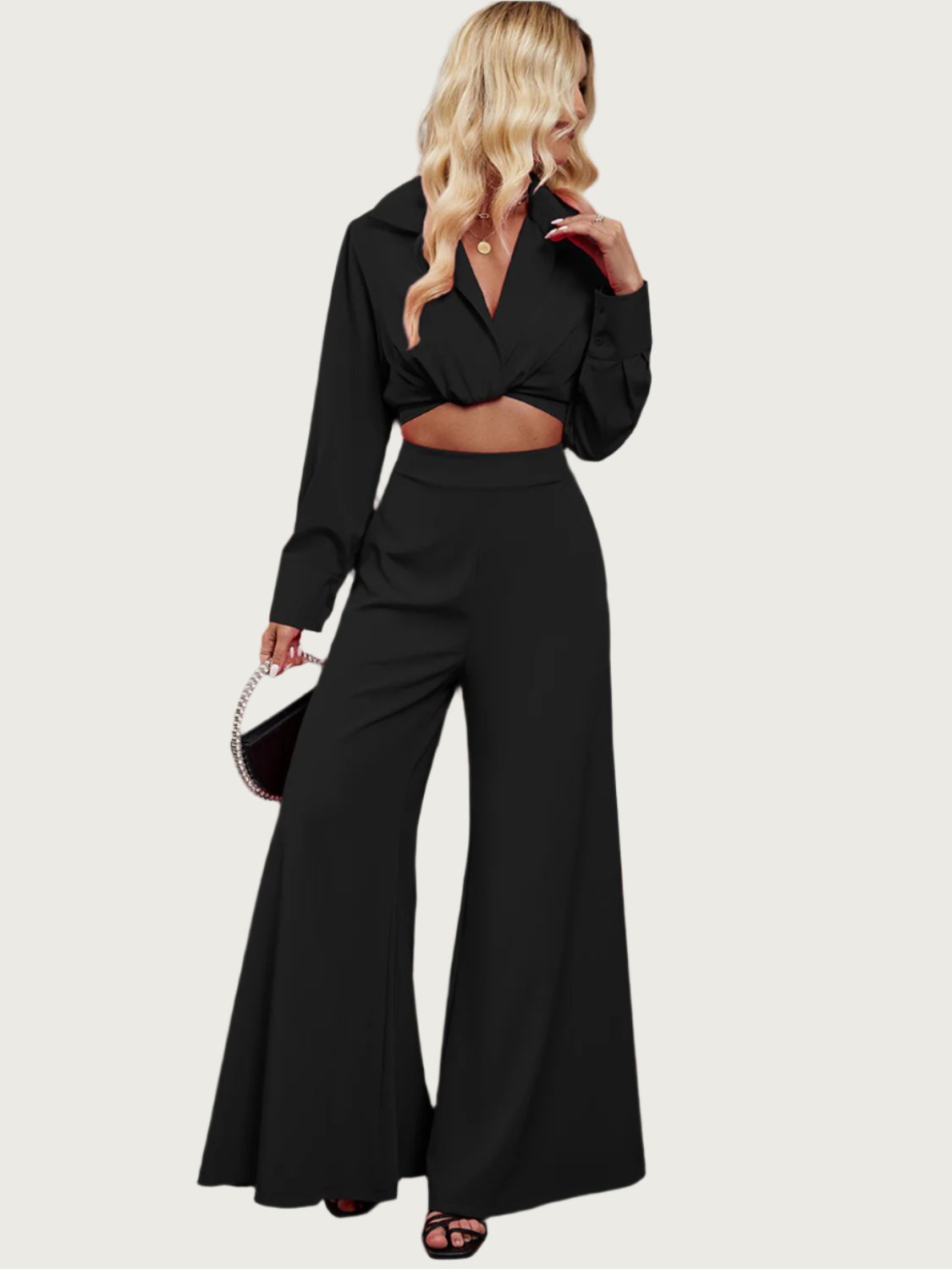 Collared Ensemble with Wide Leg Pants