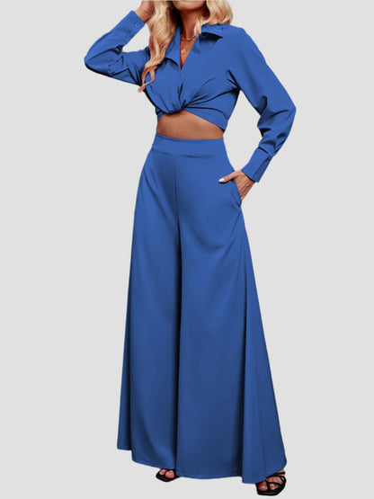 Collared Ensemble with Wide Leg Pants