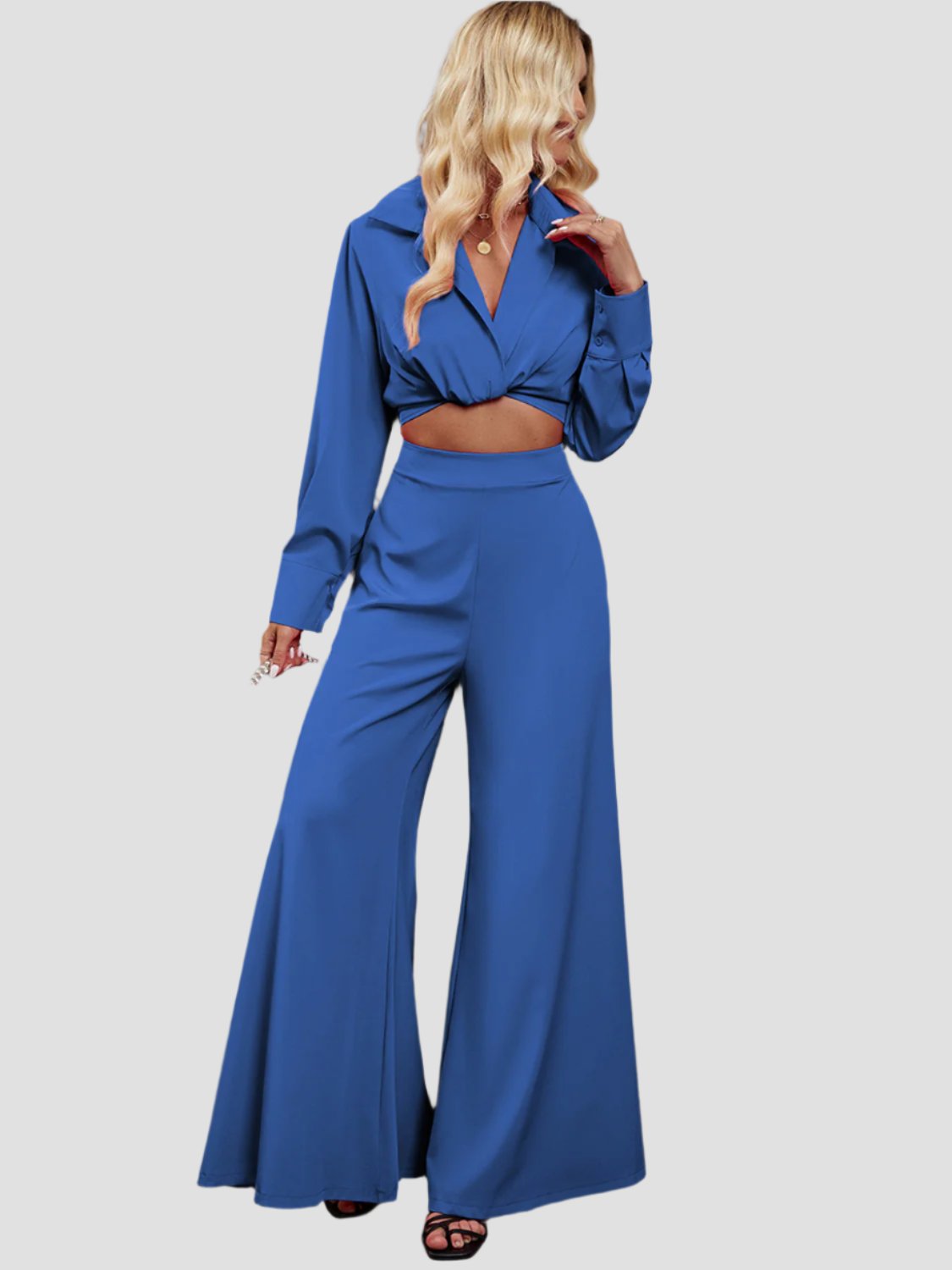 Collared Ensemble with Wide Leg Pants