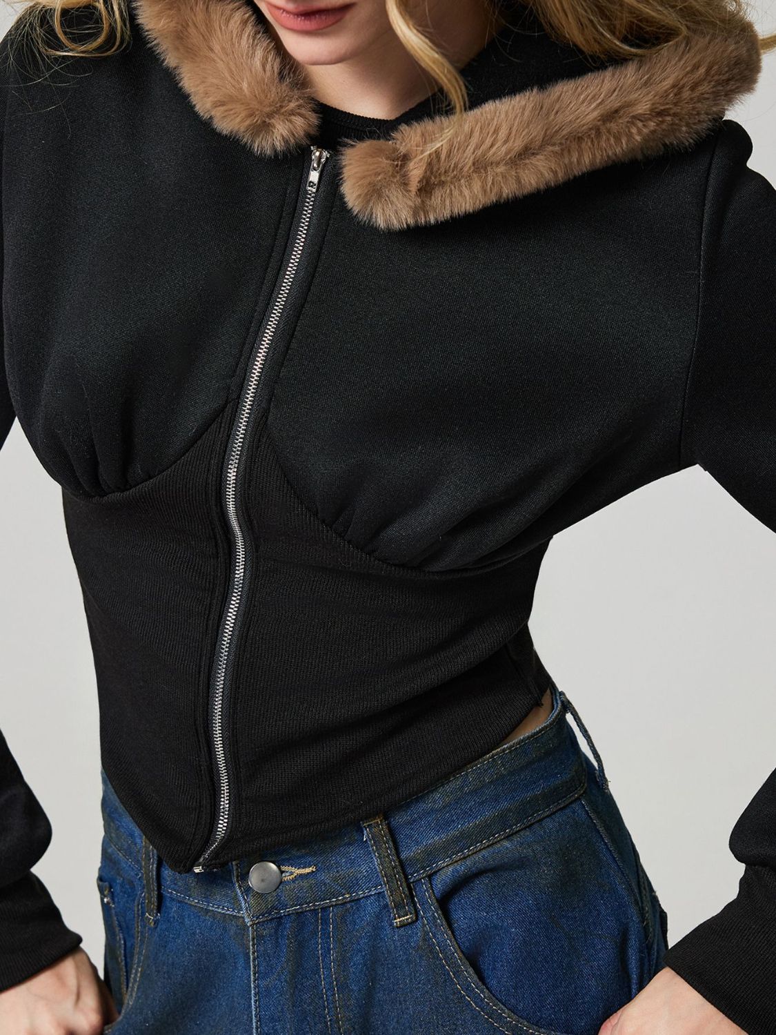 Zip Up Long Sleeve Fuzzy Hem Hooded Jacket