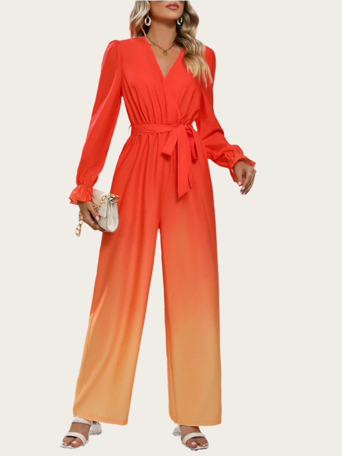 Gradient Tie Front Flounce Sleeve Jumpsuit