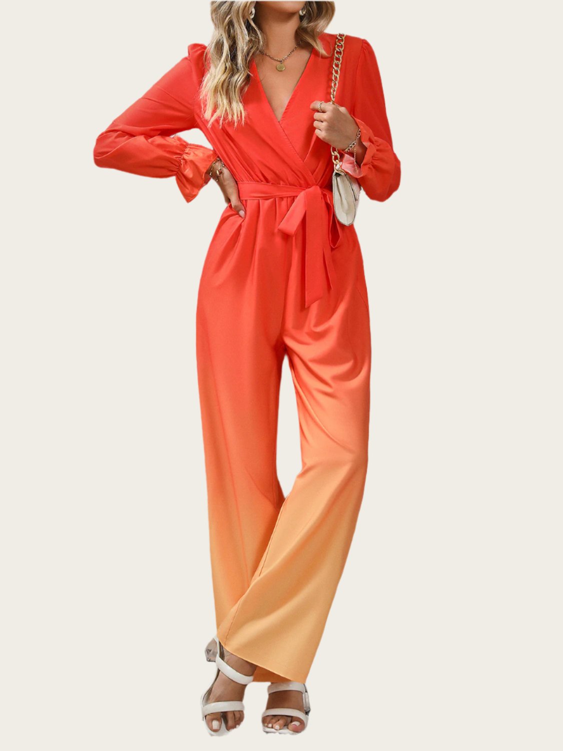 Gradient Tie Front Flounce Sleeve Jumpsuit