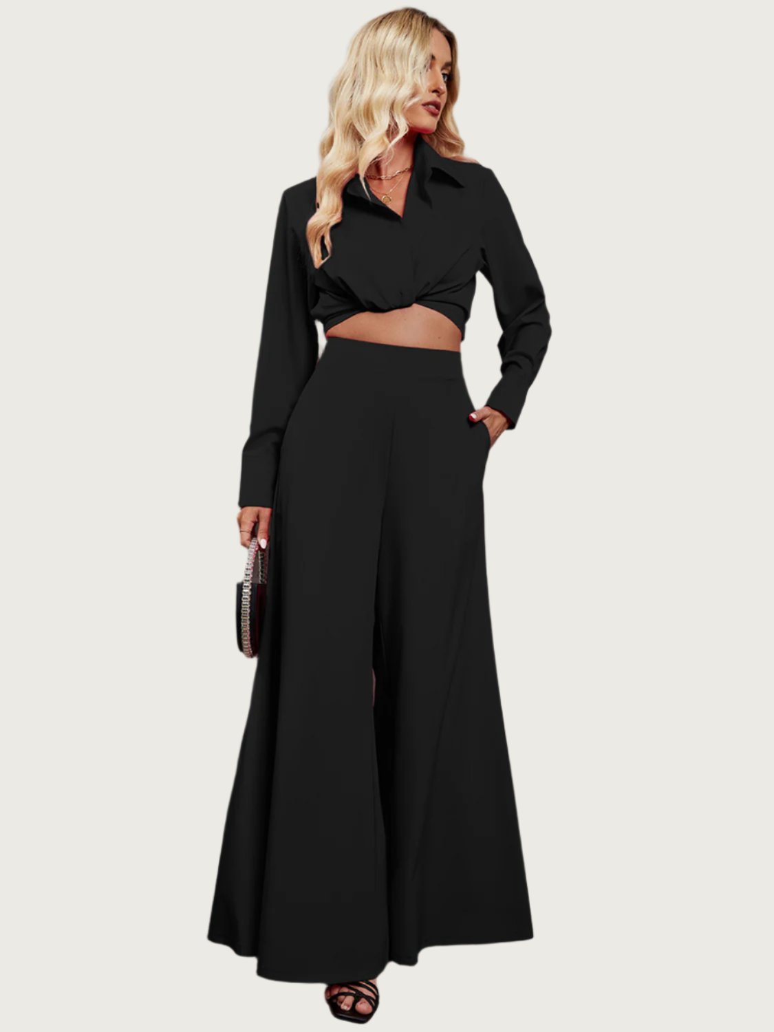 Collared Ensemble with Wide Leg Pants