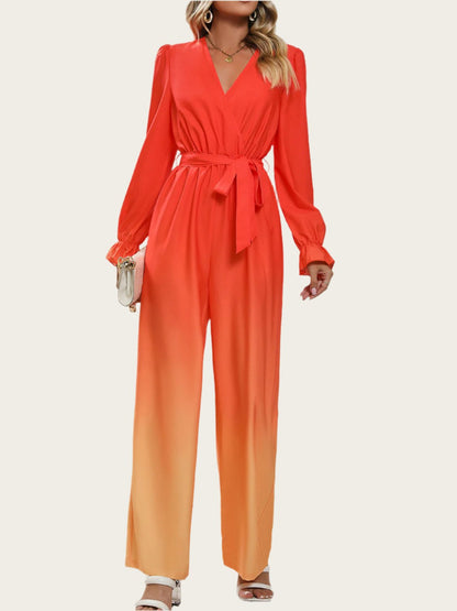 Gradient Tie Front Flounce Sleeve Jumpsuit